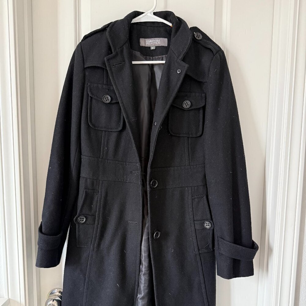 Kenneth Cole Reaction Pea Coat Black Wool Blend Double Breasted Womens 2